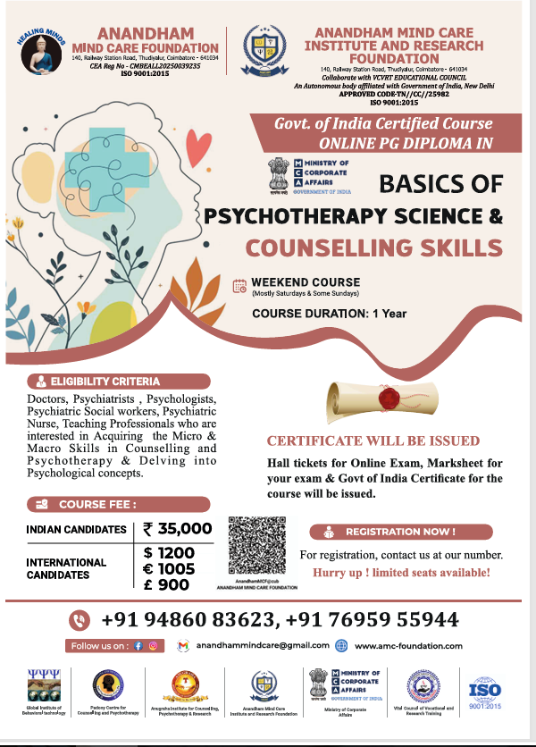 PG Diploma in Basics of Psychotherapy Science & Counselling Skills