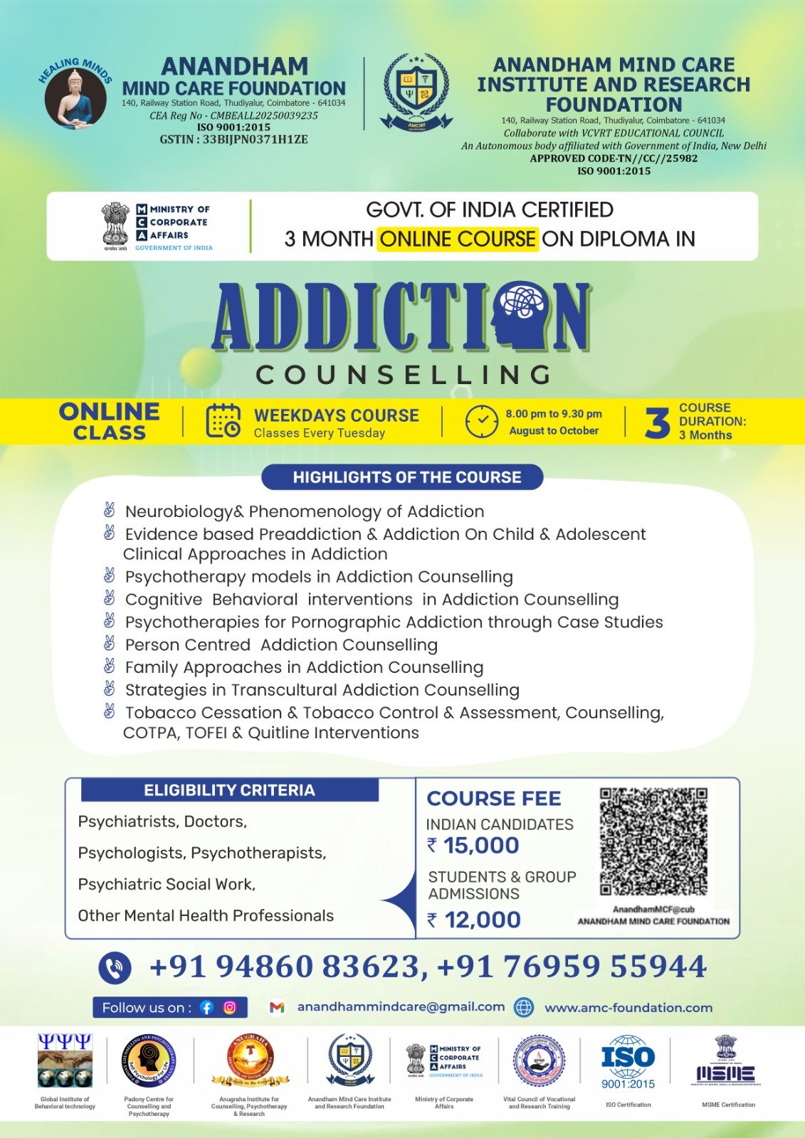Govt. of India Certified 3-month Online Diploma in Addiction Counselling